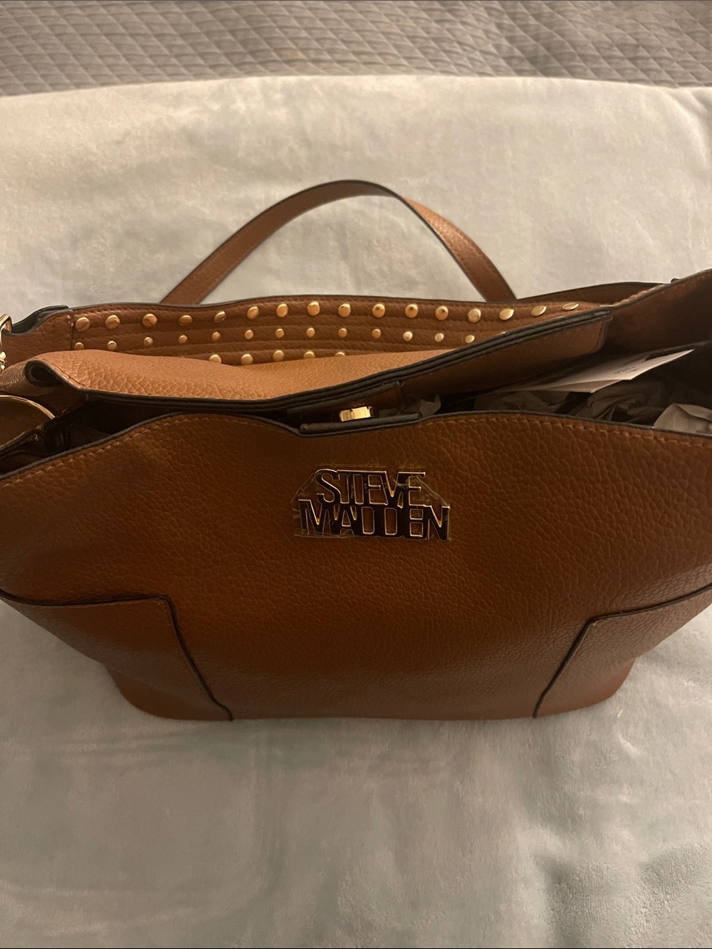 Steve Madden Brown Pebbled Leather Tote with Gold Logo
